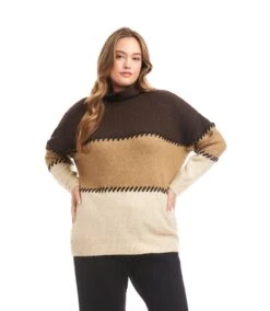 Plus Size Contrast Stitch Mock Neck Colorblock Sweater
