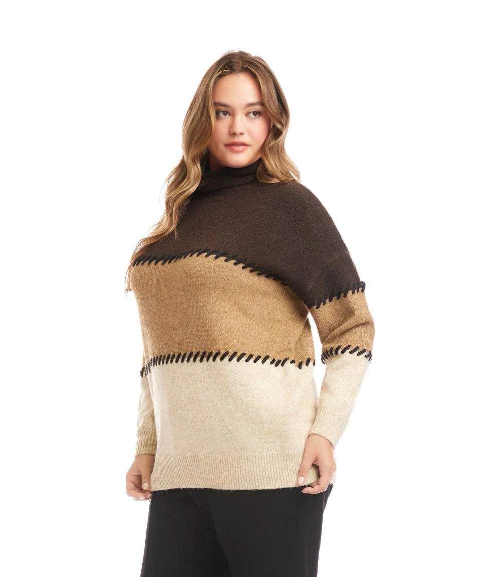 Plus Size Contrast Stitch Mock Neck Colorblock Sweater 4 Plus Size Contrast Stitch Mock Neck Colorblock Sweater - Image 2