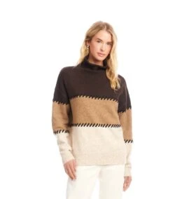 Petite Size Contrast Stitch Mock Neck Colorblock Sweater -Karen Kane Store 3L89983 MUL karenkane 2025 fall 00 8 1