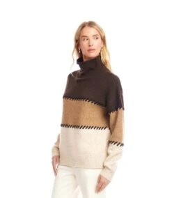 Petite Size Contrast Stitch Mock Neck Colorblock Sweater -Karen Kane Store 3L89983 MUL karenkane 2025 fall 00 9 1
