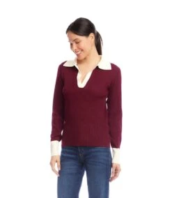 Contrast Ribbed Polo Sweater 11 Contrast Ribbed Polo Sweater -Karen Kane Store 3N89161 WCR karenkane 2025 fall 00 2