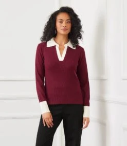 Contrast Ribbed Polo Sweater 13 Contrast Ribbed Polo Sweater -Karen Kane Store 3N89161 WCR karenkane 2025 fall 00 4