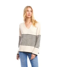Stripe V-Neck Sweater -Karen Kane Store 3N89165 EBL karenkane 2025 fall 00 1