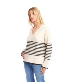 Stripe V-Neck Sweater -Karen Kane Store 3N89165 EBL karenkane 2025 fall 00 2