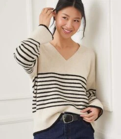 Stripe V-Neck Sweater -Karen Kane Store 579A90BF 0D9A 4FAC 8F64 CAD1D0149EB9