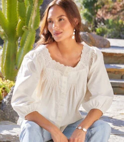 3/4 Sleeve Square Neck Button-Up Blouse