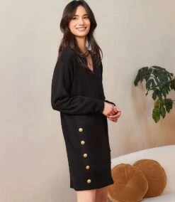 Long Sleeve V-Neck Button Detail Dress