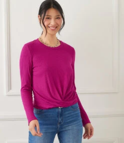 Ribbed Long Sleeve Drape Front Crossover Top