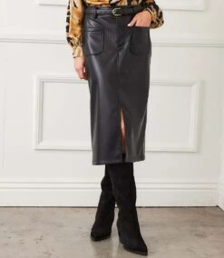 Faux Leather Midi Skirt -Karen Kane Store IMG 7925