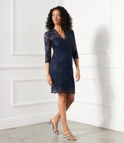 V-Neck Scallop Hem Lace Dress -Karen Kane Store L36529 NAV 0142