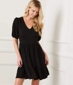 Petite Size Puff Sleeve Tiered Dress