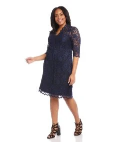 Plus Size V-Neck Scallop Lace Dress -Karen Kane Store karenkane 2022 spring DW36529 NAV 003