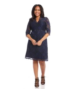 Plus Size V-Neck Scallop Lace Dress -Karen Kane Store karenkane 2022 spring DW36529 NAV 004
