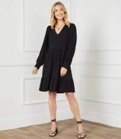 Petite Size Long Sleeve Tiered Dress -Karen Kane Store karenkane 2023 spring 1L13126 BLK 006
