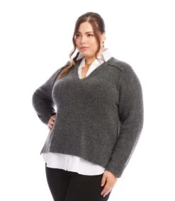 Plus Size Layered Sweater -Karen Kane Store karenkane 2024 fall 3N94281W GRA 00 2