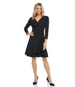 Petite Size Faux Wrap Drape Dress -Karen Kane Store karenkane 2024 spring 3L95576P BLK 003